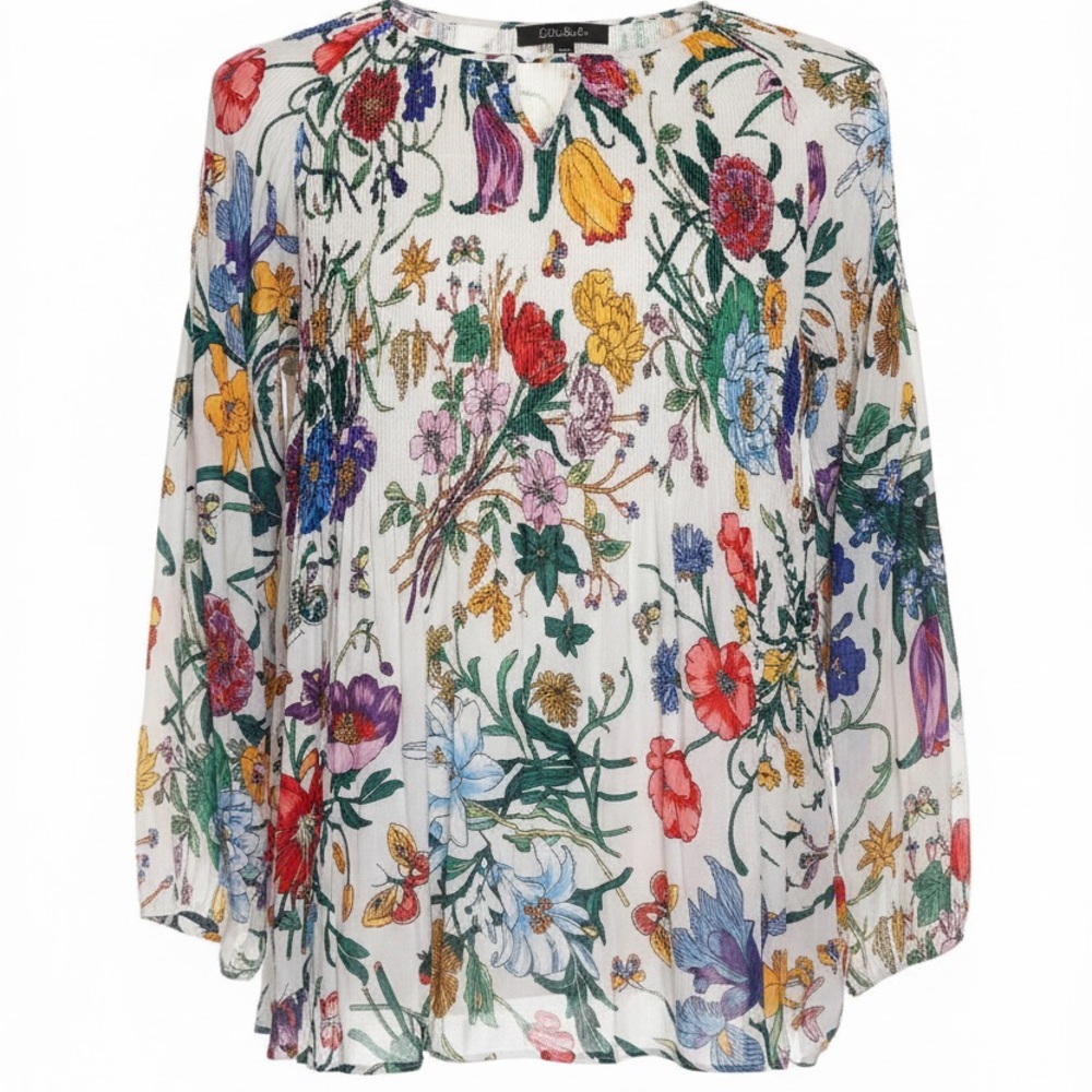 Charlie B Flowy Spring Floral Blouse Ruched Keyhole Front Semi Sheer Size L - Picture 7 of 8